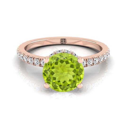 14K Rose Gold Round Brilliant Peridot Secret Diamond Halo French Pave Solitaire Engagement Ring -1/3ctw