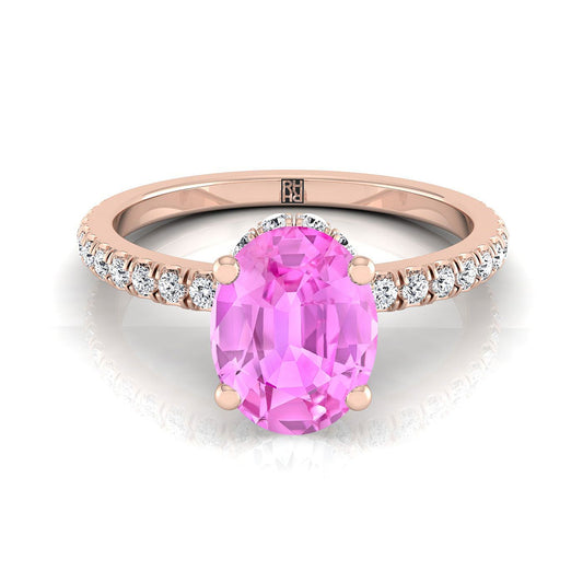 14K Rose Gold Oval Pink Sapphire Secret Diamond Halo French Pave Solitaire Engagement Ring -1/3ctw