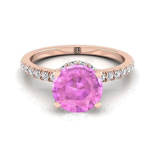 14K Rose Gold Round Brilliant Pink Sapphire Secret Diamond Halo French Pave Solitaire Engagement Ring -1/3ctw