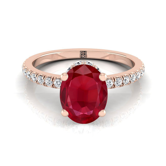 14K Rose Gold Oval Ruby Secret Diamond Halo French Pave Solitaire Engagement Ring -1/3ctw