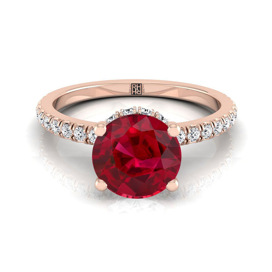 14K Rose Gold Round Brilliant Ruby Secret Diamond Halo French Pave Solitaire Engagement Ring -1/3ctw