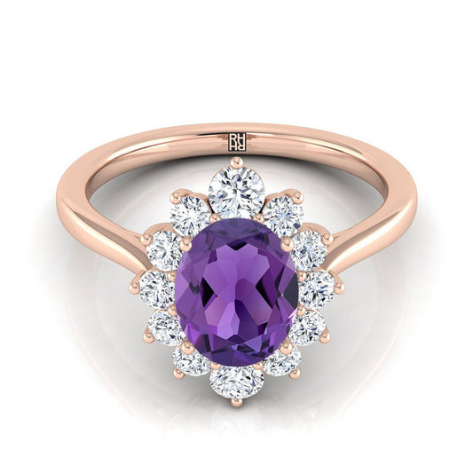 14K Rose Gold Oval Amethyst Floral Diamond Halo Engagement Ring -1/2ctw
