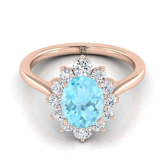 14K Rose Gold Oval Aquamarine Floral Diamond Halo Engagement Ring -1/2ctw