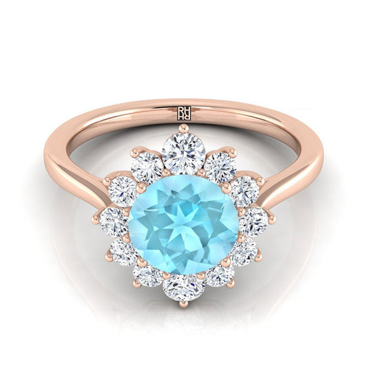 14K Rose Gold Round Brilliant Aquamarine Floral Diamond Halo Engagement Ring -1/2ctw