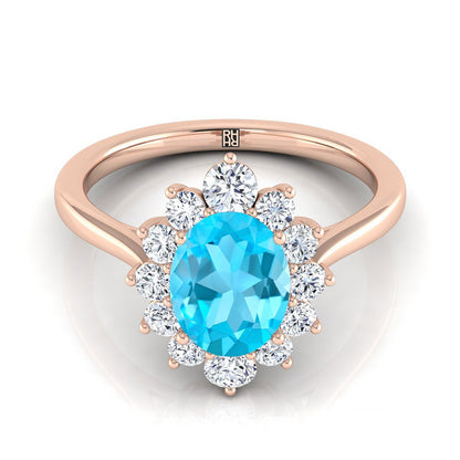 14K Rose Gold Oval Swiss Blue Topaz Floral Diamond Halo Engagement Ring -1/2ctw