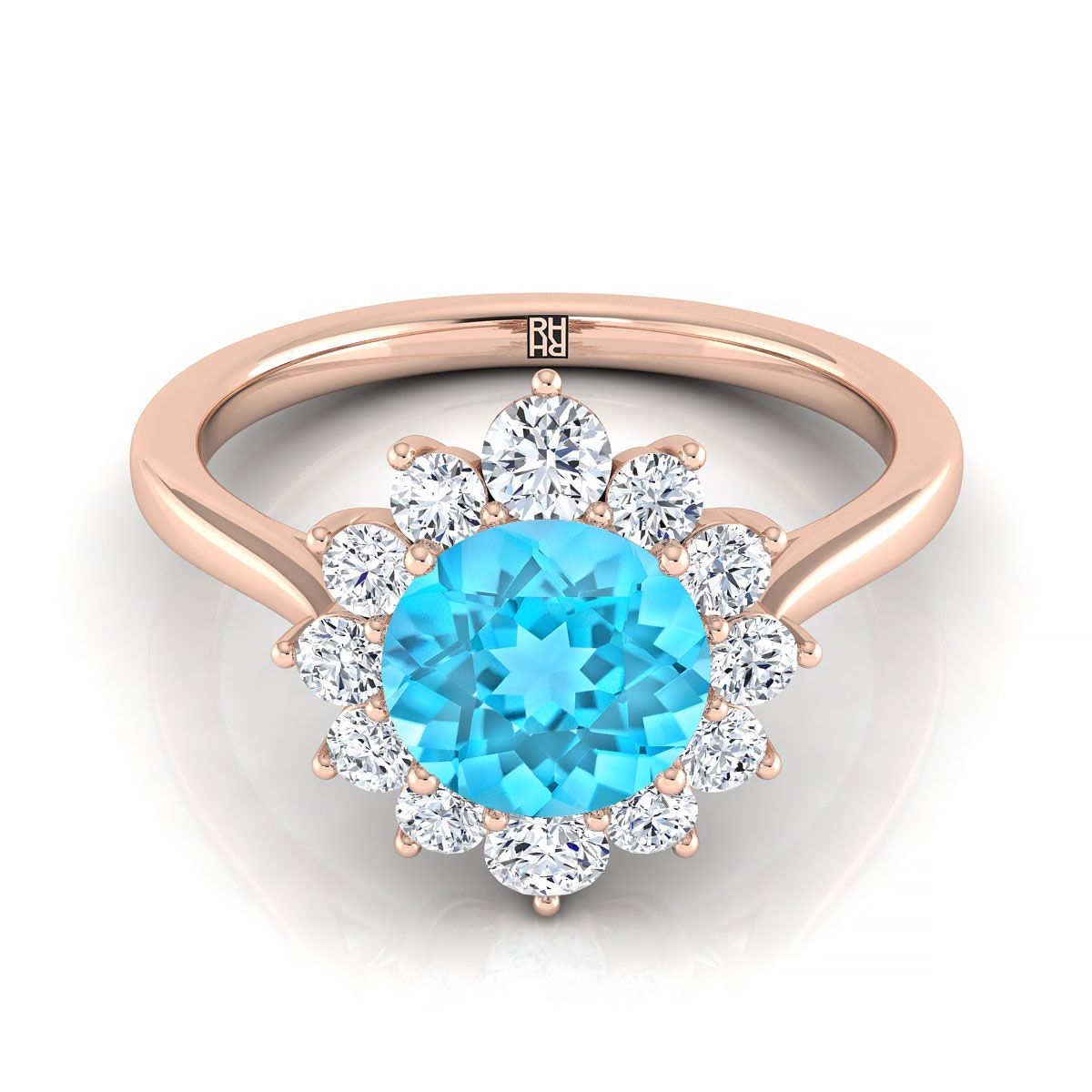 14K Rose Gold Round Brilliant Swiss Blue Topaz Floral Diamond Halo Engagement Ring -1/2ctw
