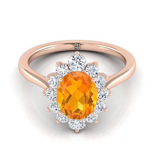 14K Rose Gold Oval Citrine Floral Diamond Halo Engagement Ring -1/2ctw