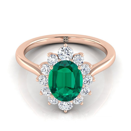 14K Rose Gold Oval Emerald Floral Diamond Halo Engagement Ring -1/2ctw