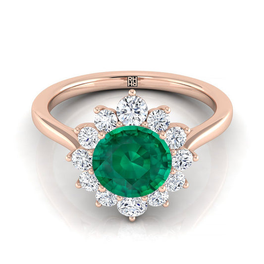 14K Rose Gold Round Brilliant Emerald Floral Diamond Halo Engagement Ring -1/2ctw