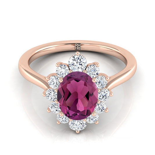 14K Rose Gold Oval Garnet Floral Diamond Halo Engagement Ring -1/2ctw