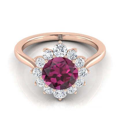 14K Rose Gold Round Brilliant Garnet Floral Diamond Halo Engagement Ring -1/2ctw