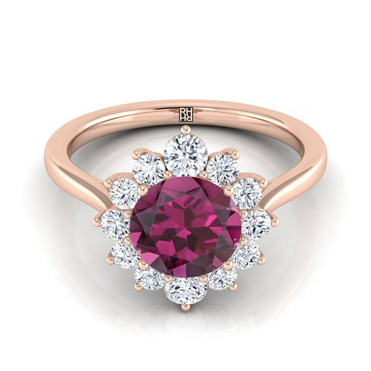 14K Rose Gold Round Brilliant Garnet Floral Diamond Halo Engagement Ring -1/2ctw