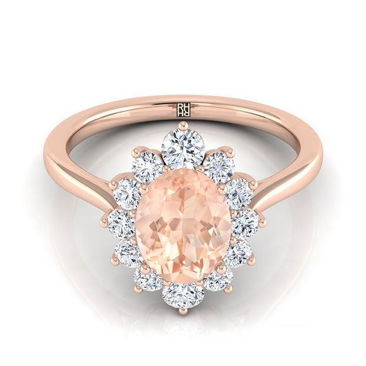 14K Rose Gold Oval Morganite Floral Diamond Halo Engagement Ring -1/2ctw