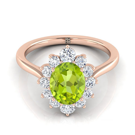 14K Rose Gold Oval Peridot Floral Diamond Halo Engagement Ring -1/2ctw