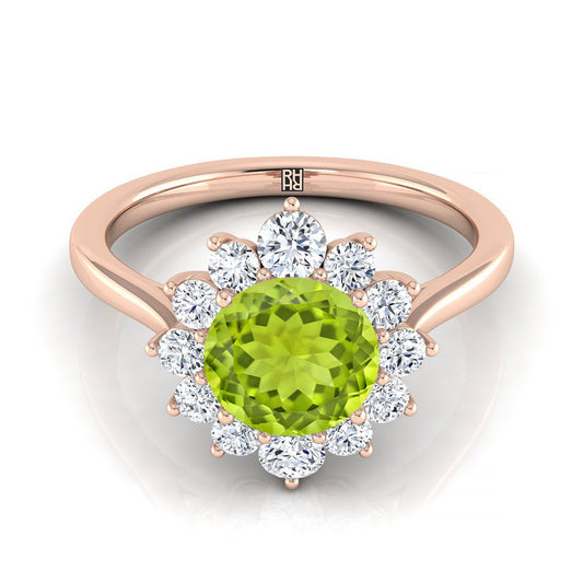 14K Rose Gold Round Brilliant Peridot Floral Diamond Halo Engagement Ring -1/2ctw
