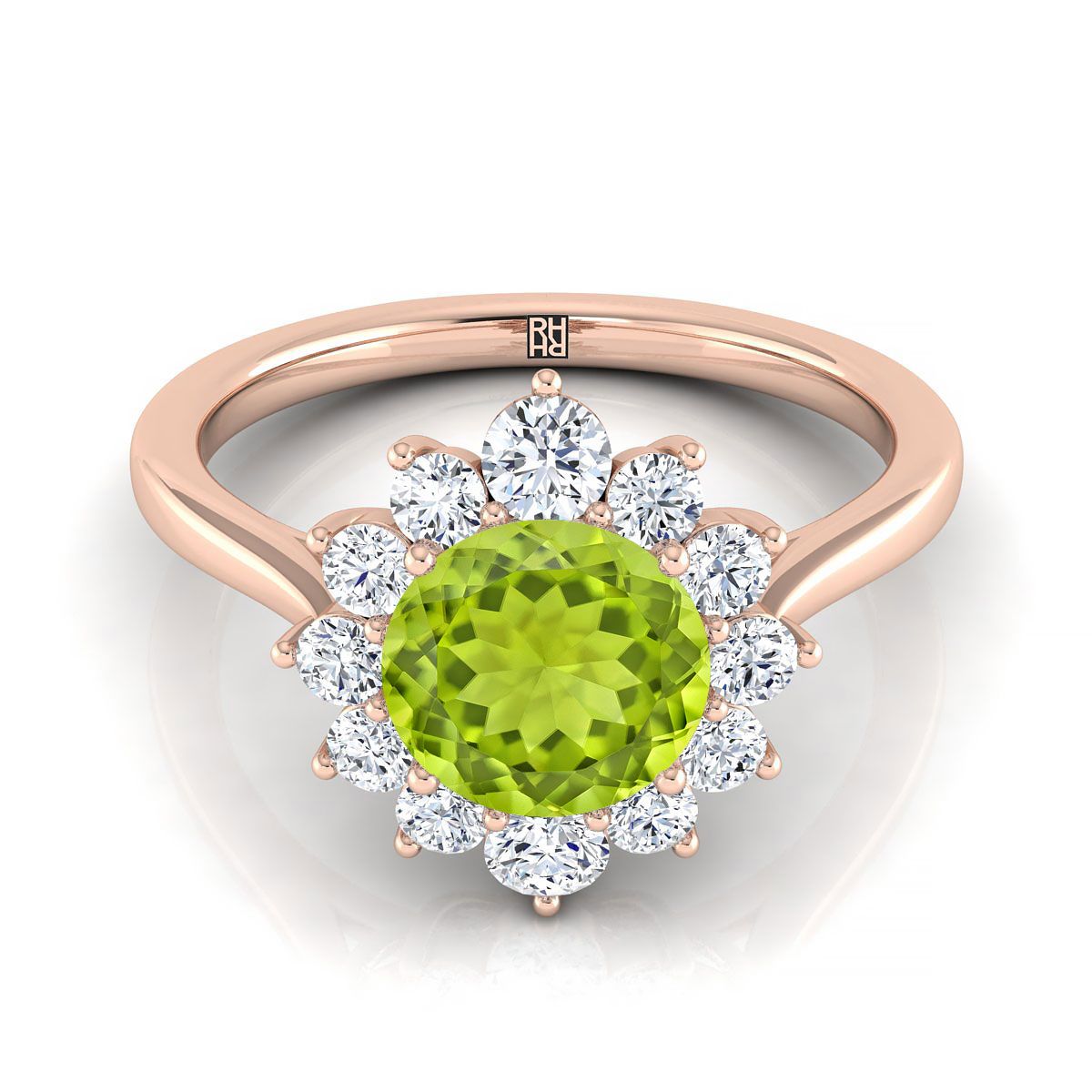 14K Rose Gold Round Brilliant Peridot Floral Diamond Halo Engagement Ring -1/2ctw