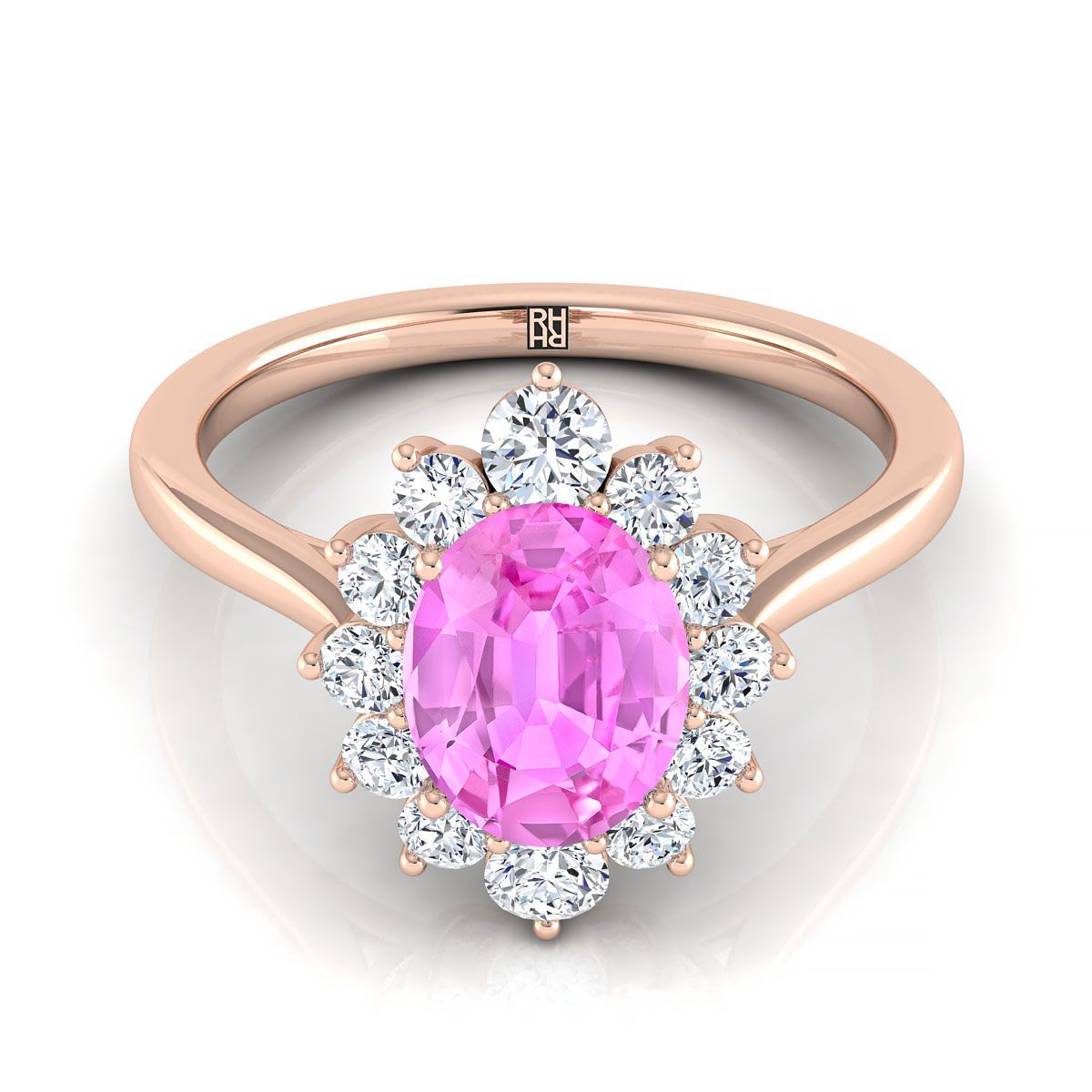 14K Rose Gold Oval Pink Sapphire Floral Diamond Halo Engagement Ring -1/2ctw