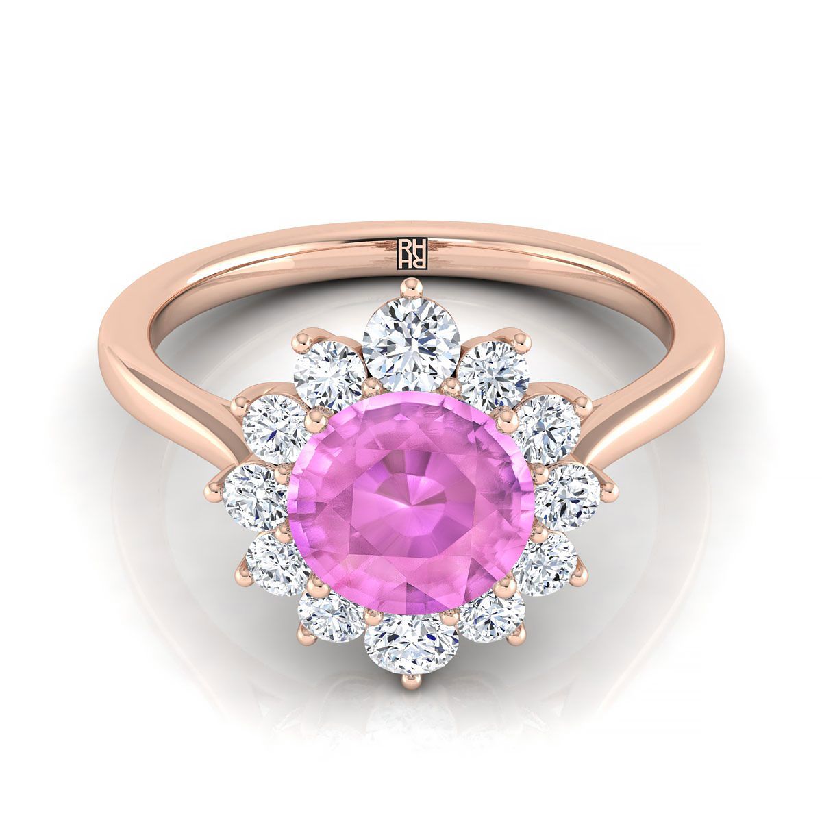 14K Rose Gold Round Brilliant Pink Sapphire Floral Diamond Halo Engagement Ring -1/2ctw