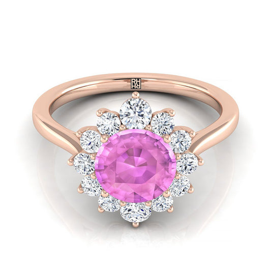 14K Rose Gold Round Brilliant Pink Sapphire Floral Diamond Halo Engagement Ring -1/2ctw