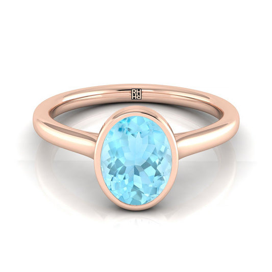 14K Rose Gold Oval Aquamarine Simple Bezel Solitaire Engagement Ring