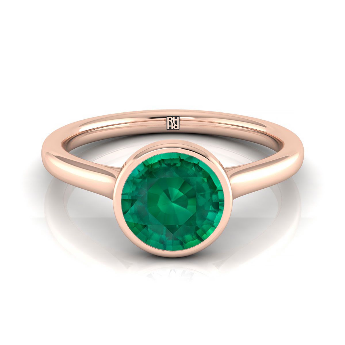 14K Rose Gold Round Brilliant Emerald Simple Bezel Solitaire Engagement Ring