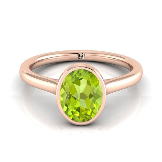 14K Rose Gold Oval Peridot Simple Bezel Solitaire Engagement Ring