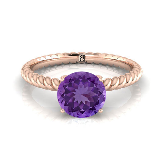 14K Rose Gold Round Brilliant Amethyst Twisted Rope Solitaire With Surprize Diamond Engagement Ring