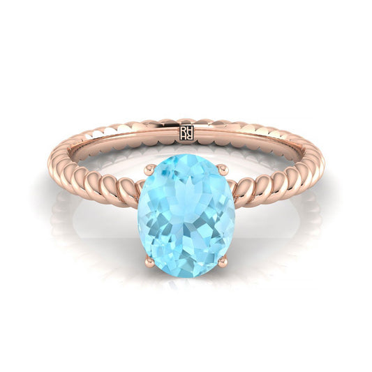 14K Rose Gold Oval Aquamarine Twisted Rope Solitaire With Surprize Diamond Engagement Ring