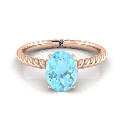 14K Rose Gold Oval Aquamarine Twisted Rope Solitaire With Surprize Diamond Engagement Ring