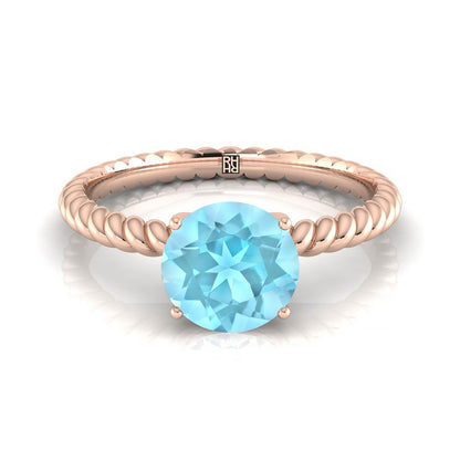 14K Rose Gold Round Brilliant Aquamarine Twisted Rope Solitaire With Surprize Diamond Engagement Ring