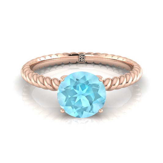 14K Rose Gold Round Brilliant Aquamarine Twisted Rope Solitaire With Surprize Diamond Engagement Ring