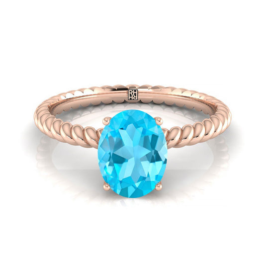 14K Rose Gold Oval Swiss Blue Topaz Twisted Rope Solitaire With Surprize Diamond Engagement Ring