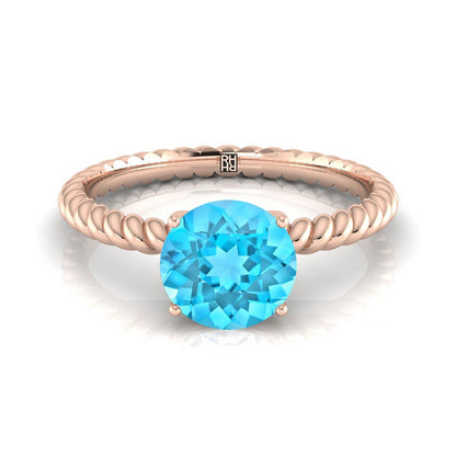 14K Rose Gold Round Brilliant Swiss Blue Topaz Twisted Rope Solitaire With Surprize Diamond Engagement Ring