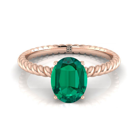 14K Rose Gold Oval Emerald Twisted Rope Solitaire With Surprize Diamond Engagement Ring