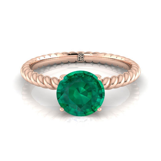 14K Rose Gold Round Brilliant Emerald Twisted Rope Solitaire With Surprize Diamond Engagement Ring