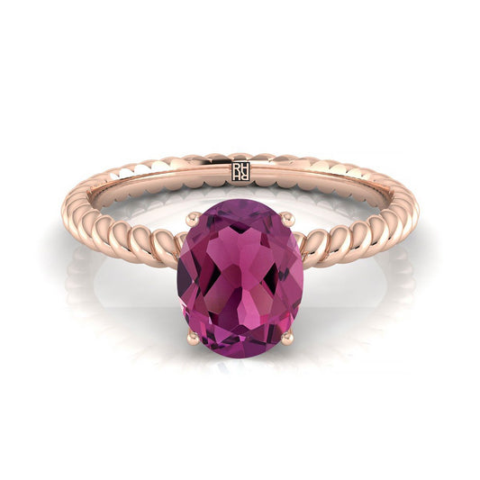 14K Rose Gold Oval Garnet Twisted Rope Solitaire With Surprize Diamond Engagement Ring