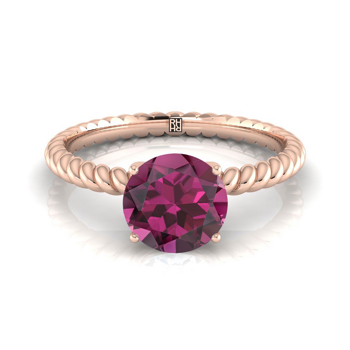 14K Rose Gold Round Brilliant Garnet Twisted Rope Solitaire With Surprize Diamond Engagement Ring