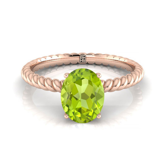 14K Rose Gold Oval Peridot Twisted Rope Solitaire With Surprize Diamond Engagement Ring