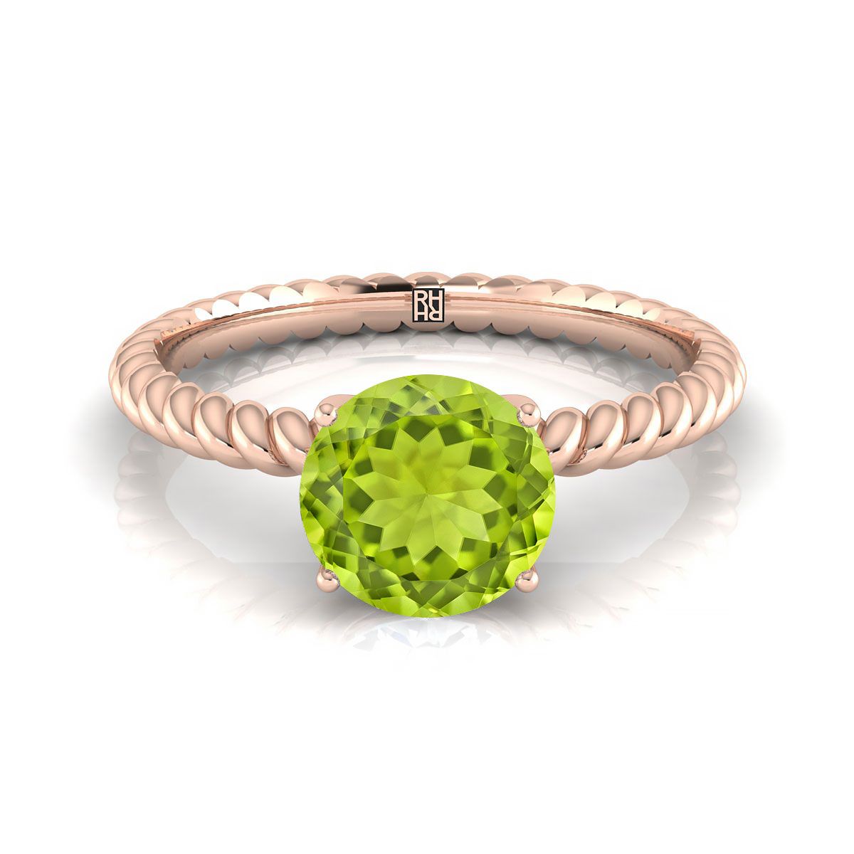 14K Rose Gold Round Brilliant Peridot Twisted Rope Solitaire With Surprize Diamond Engagement Ring