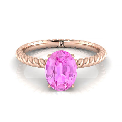 14K Rose Gold Oval Pink Sapphire Twisted Rope Solitaire With Surprize Diamond Engagement Ring