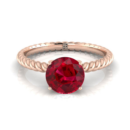 14K Rose Gold Round Brilliant Ruby Twisted Rope Solitaire With Surprize Diamond Engagement Ring