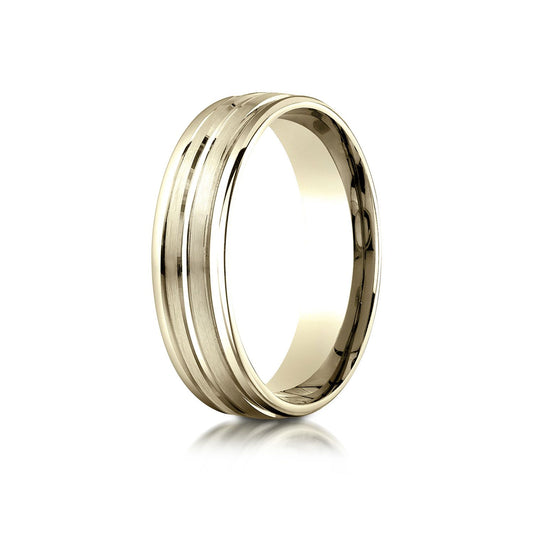 18k Yellow Gold 6mm Comfort-fit Satin-finished High Polished Center Trim And Round Edge Carved Design Band