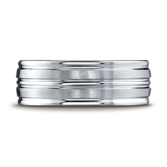 Platinum 8mm Comfort-fit Satin-finished High Polished Center Trim And Round Edge Carved Design Band