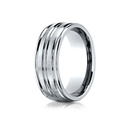 14k White Gold 8mm Comfort-fit Satin-finished High Polished Center Trim And Round Edge Carved Design Band