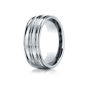 8mm Satin Finish High Polished Center Trim Carved Wedding Band, in 14K White Gold | RockHer