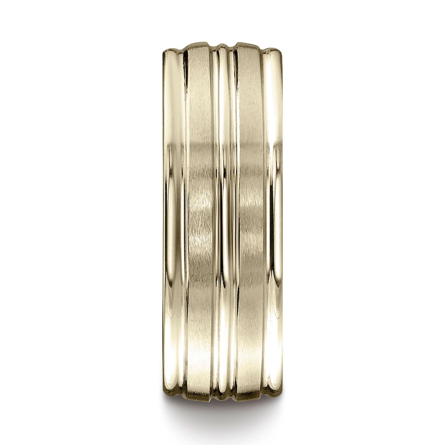 14k Yellow Gold 8mm Comfort-fit Satin-finished High Polished Center Trim And Round Edge Carved Design Band