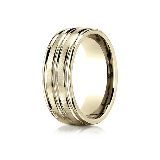 14k Yellow Gold 8mm Comfort-fit Satin-finished High Polished Center Trim And Round Edge Carved Design Band