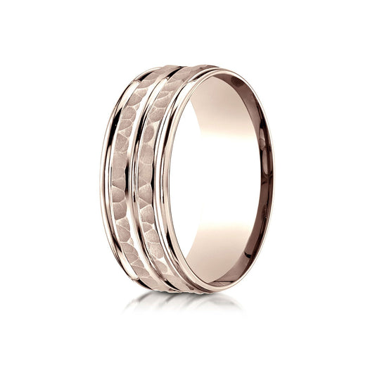 14k Rose Gold 8mm Comfort-fit Hammer-finished High Polished Center Trim And Round Edge Carved Design Band