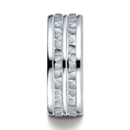 14k White Gold 8mm Comfort-fit Hammer-finished High Polished Center Trim And Round Edge Carved Design Band