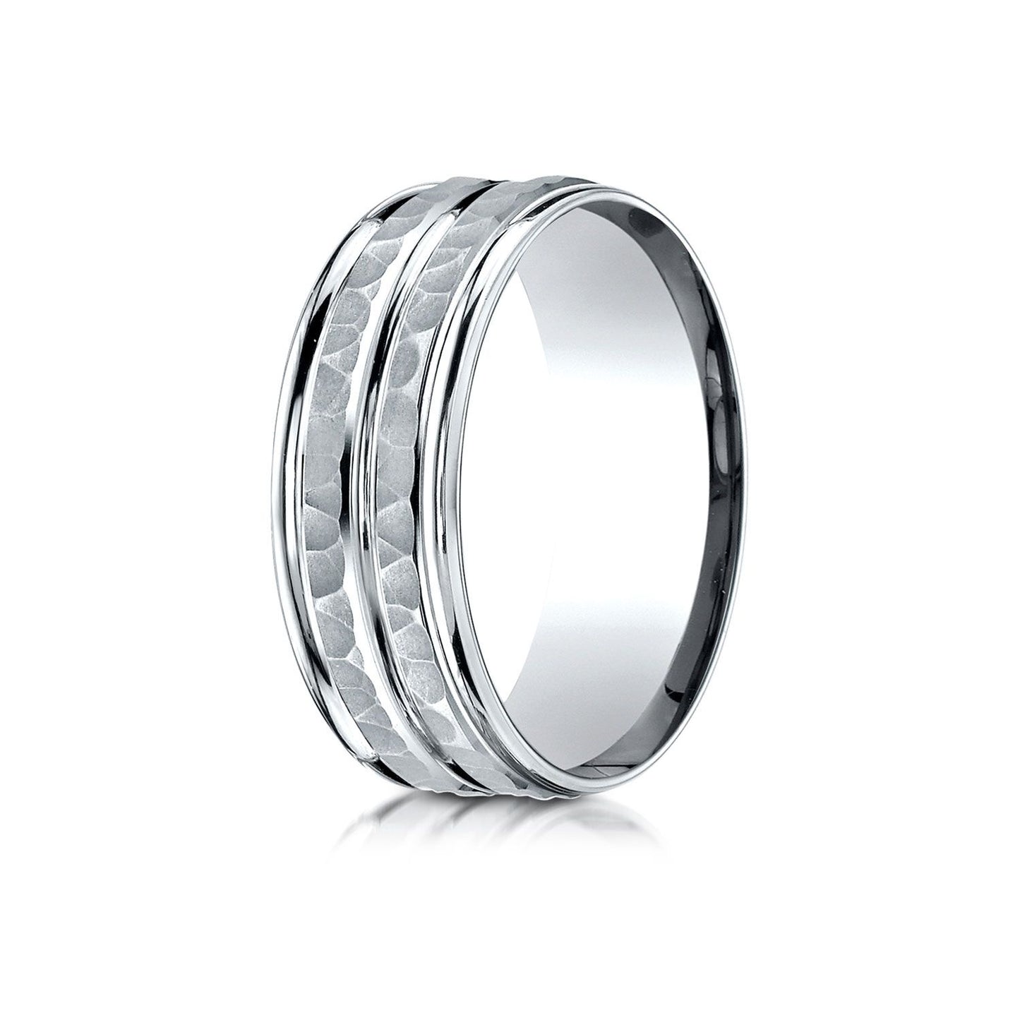 18k White Gold 8mm Comfort-fit Hammer-finished High Polished Center Trim And Round Edge Carved Design Band